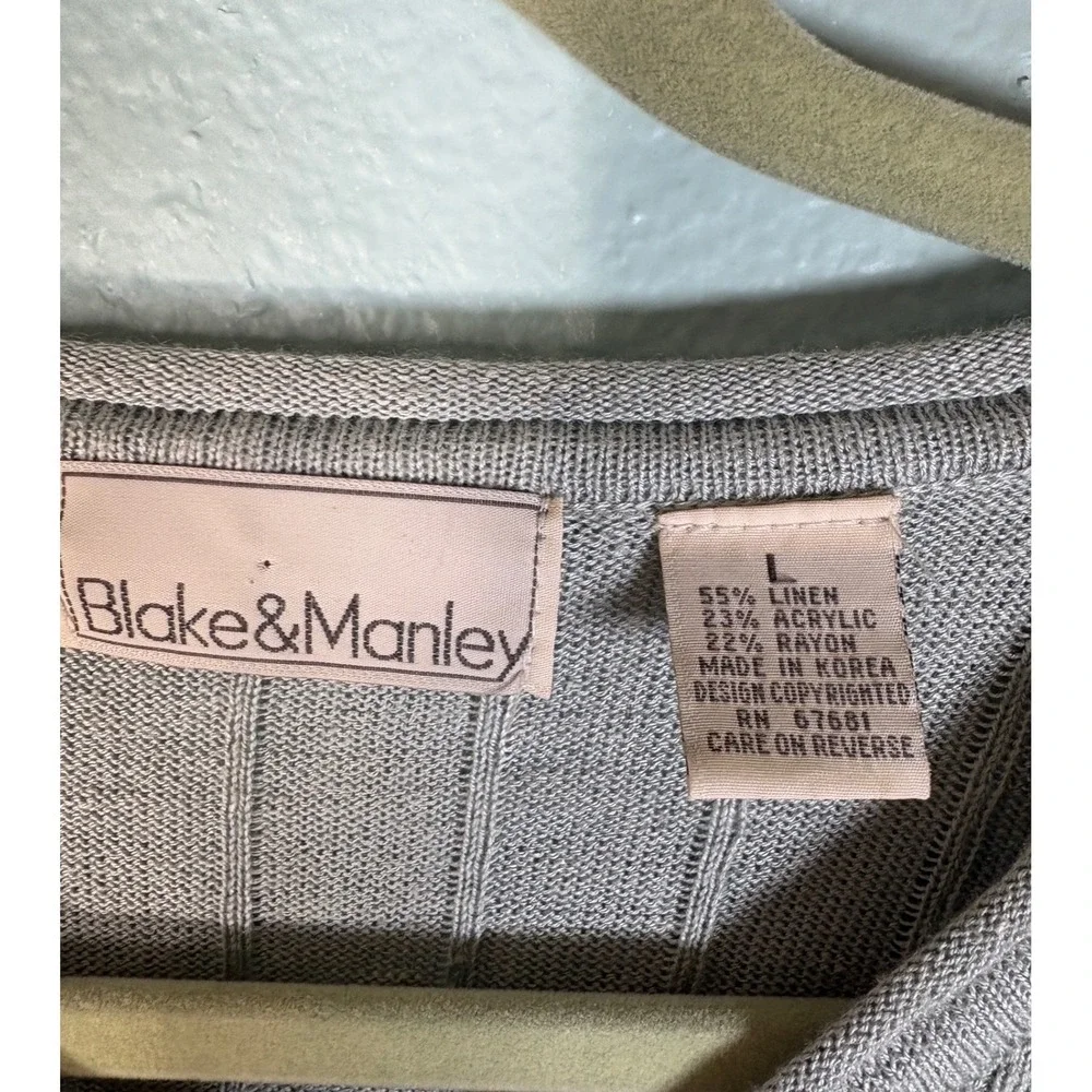Vintage Blake Manley Sage Green Cable Knit V Neck Sweater Pointelle Ramie Wool L